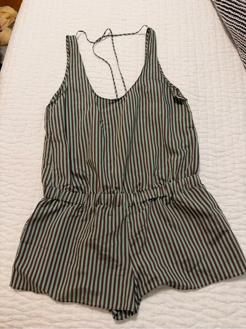 Zara Green and Brown Striped Sleeveless Romper/Overall